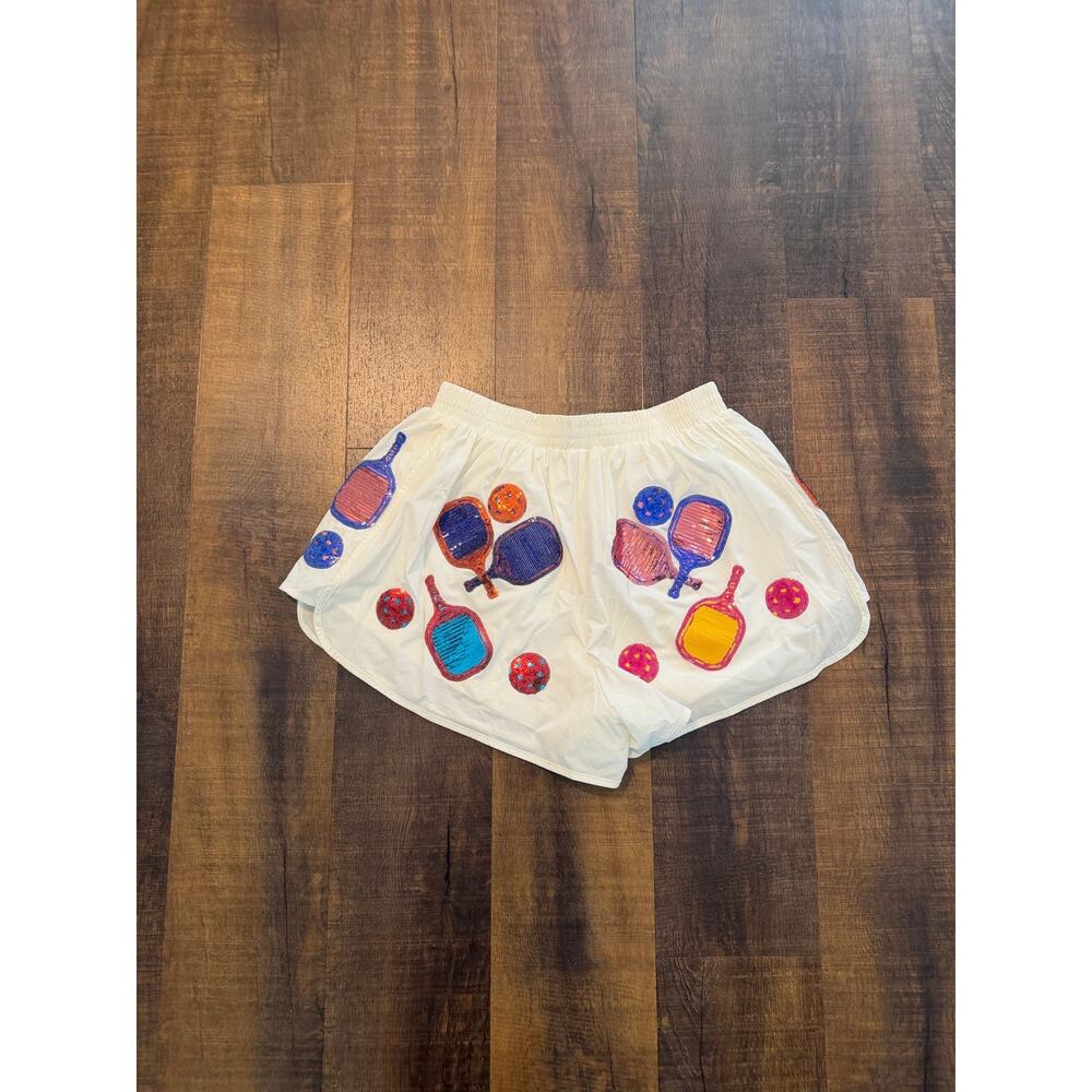 Queen of Sparkle Pickleball Sequin Athletic Running Shorts White Size Medium - Picture 4 of 10